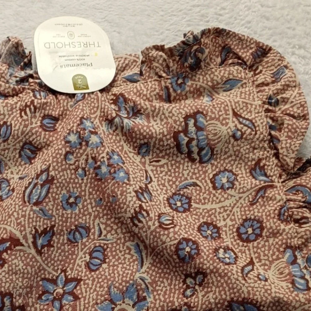 Threshold 4pc Floral Ruffle Placemats and Napkins Set Terracotta Blue Cotton